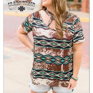 Crazy Train Top Women XL Brown Southwestern Cowhide Crisscross V-Neck Tee New
